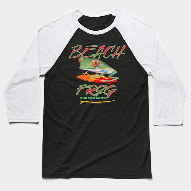 Funny Cute Red Eyed Tree Frog Beach Surfboards Baseball T-Shirt by Danny Gordon Art